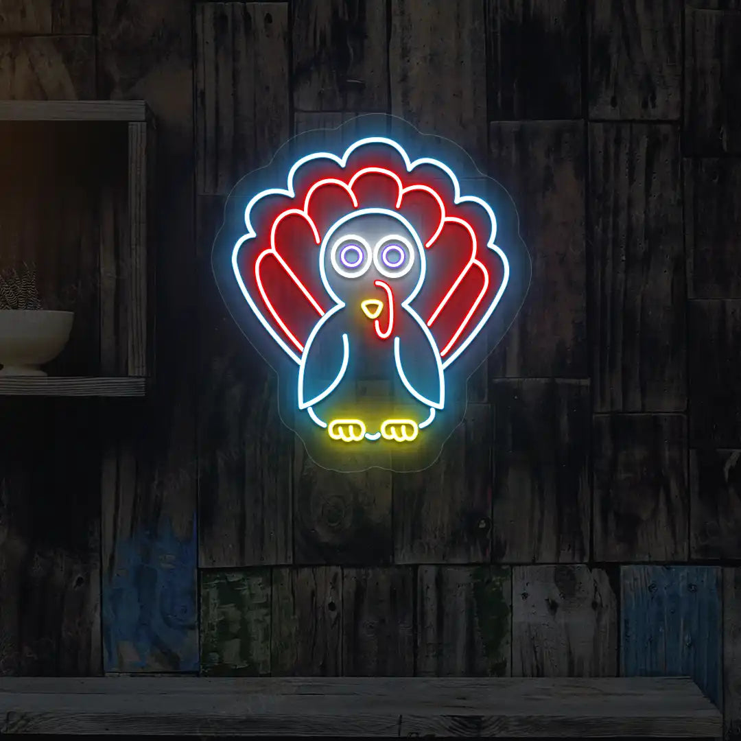Vibrant thanksgiving turkey neon sign in ice blue and red.