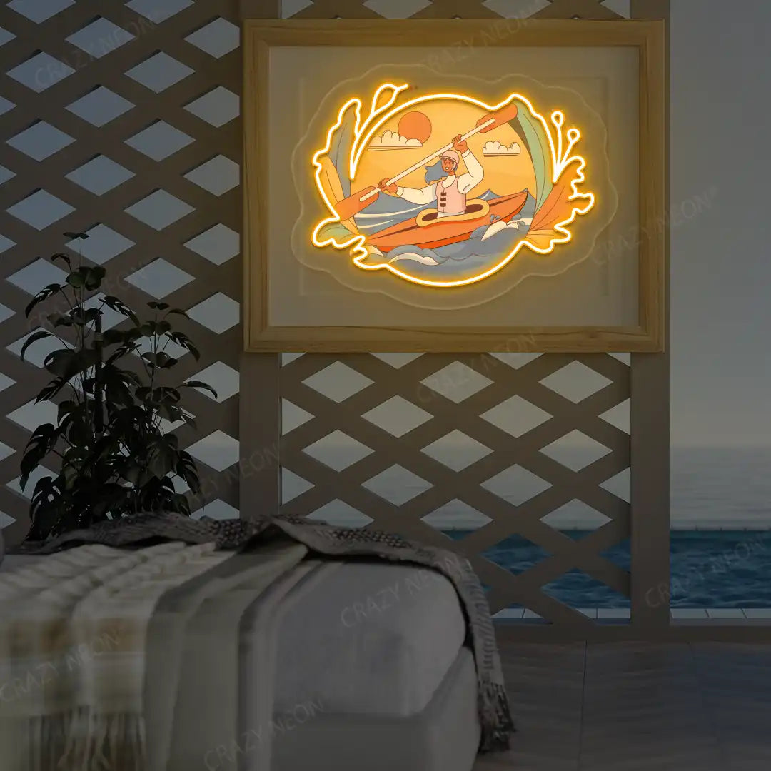 orange kayak dreamscape neon artwork mounted on a wall