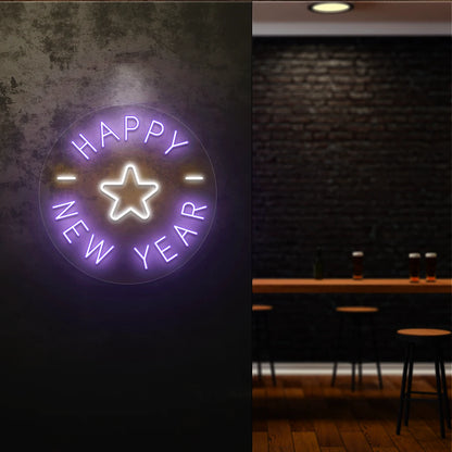 Round Happy New Year neon sign with purple and white star design glowing on a dark wall 
