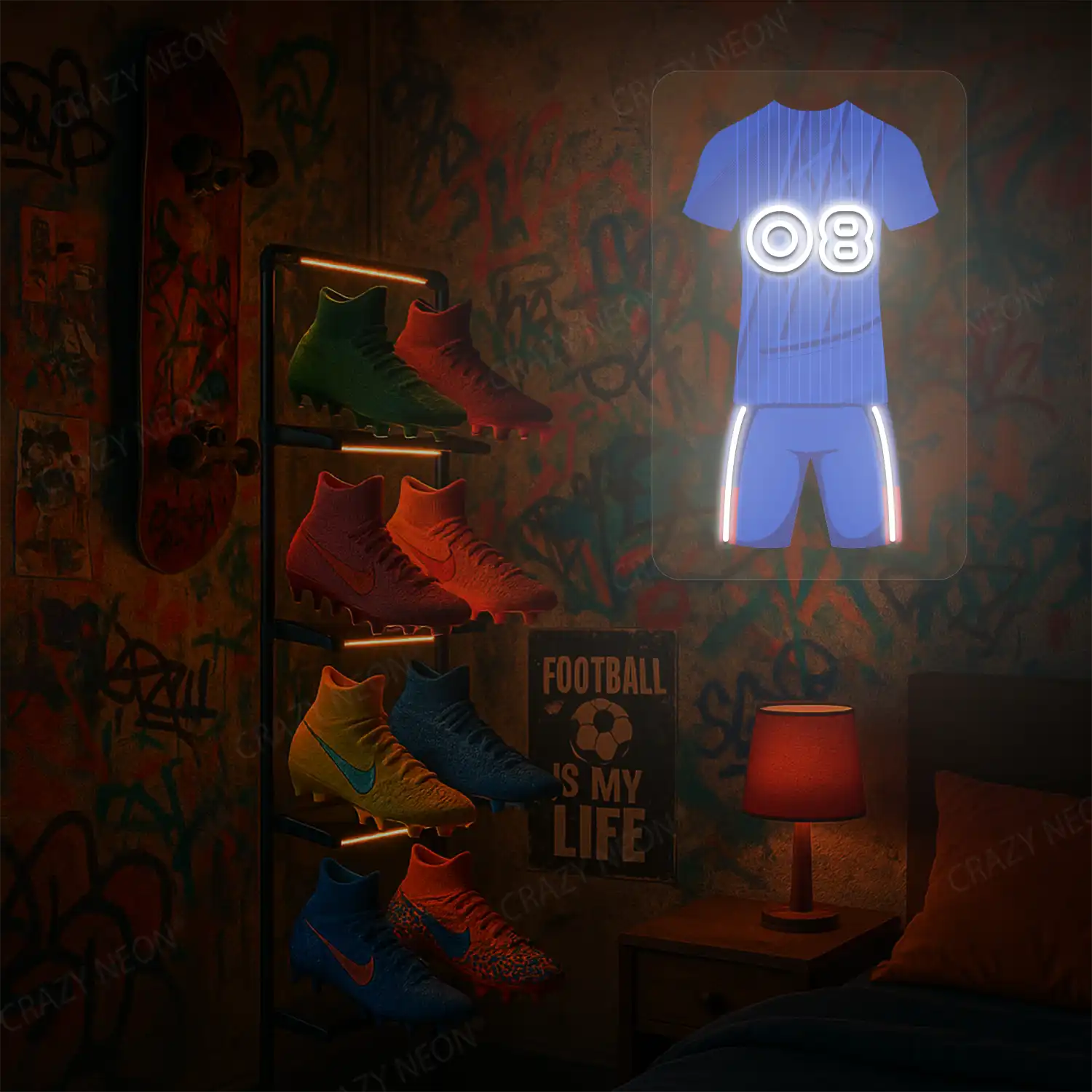 Blue football jersey neon artwork with number 08 glowing on a graffiti-covered wall.