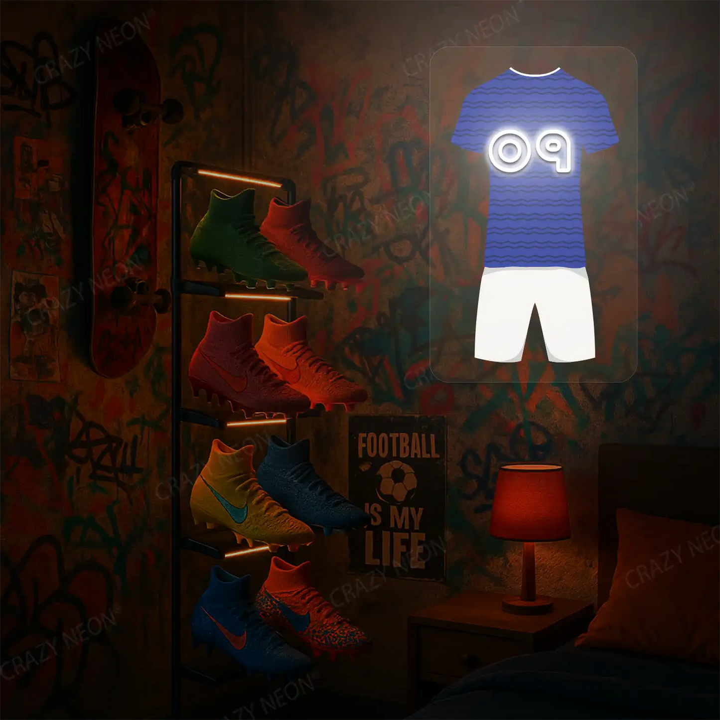 Blue football jersey neon artwork with number 09 glowing on a graffiti-covered wall