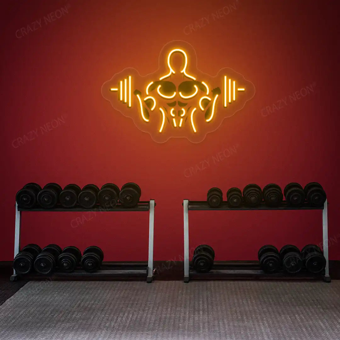 orange gymer outline neon artwork mounted on a wall