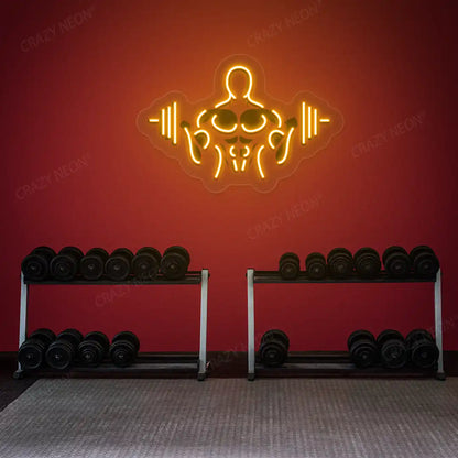 orange gymer outline neon artwork mounted on a wall