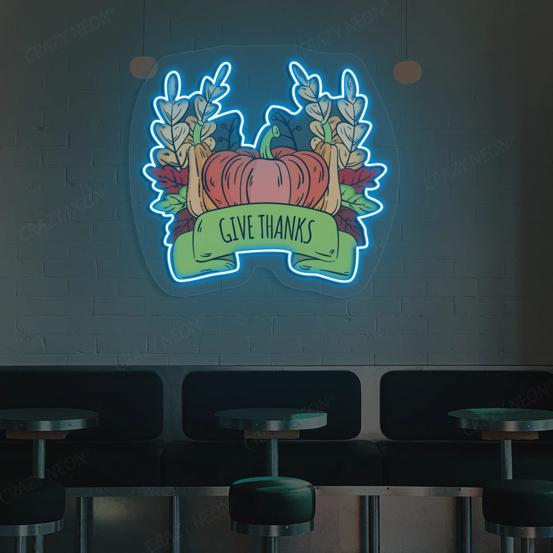 Pumpkin harvest give thanks neon sign in ice blue