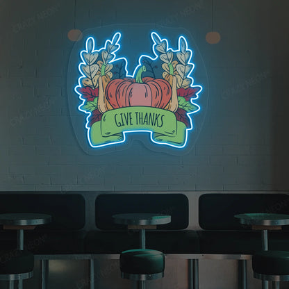 Pumpkin harvest give thanks neon sign in ice blue