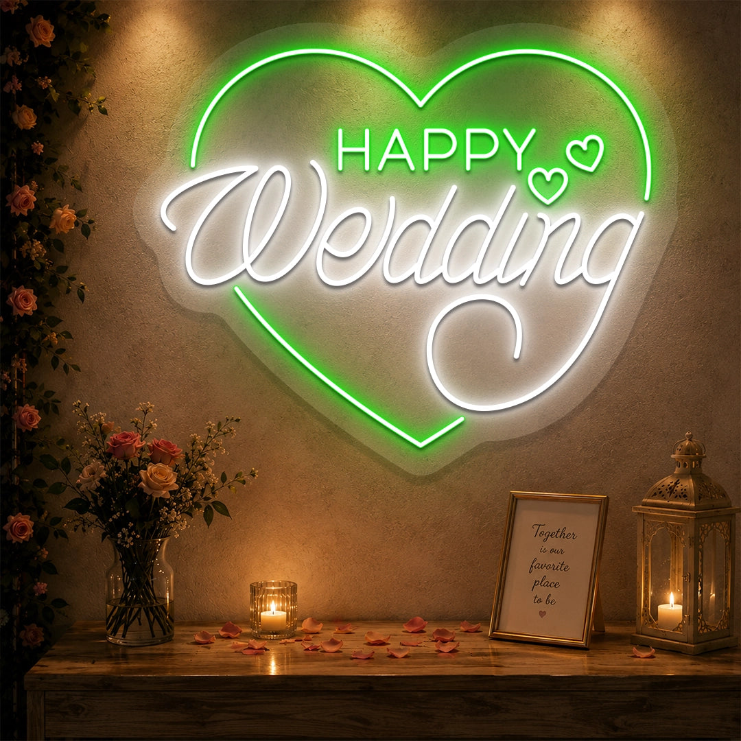 Happy Wedding Glow Neon Sign in Green Color
