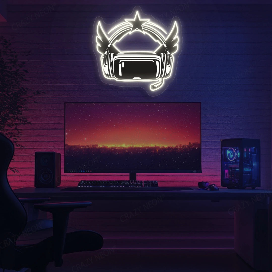 VR Powered Headphone Neon Artwork in White color