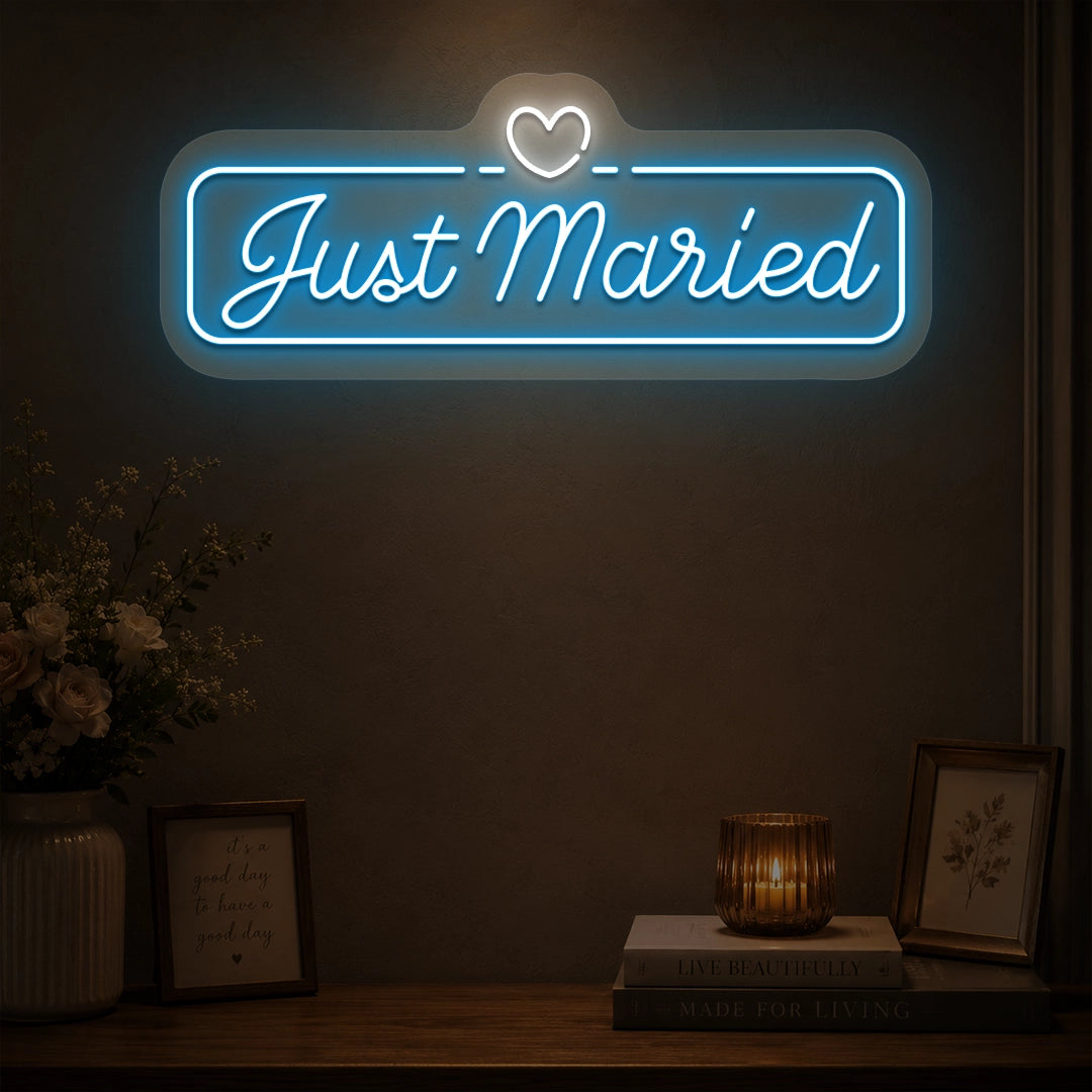 Just Married Heartbound Wedding Neon Sign in Iceblue color