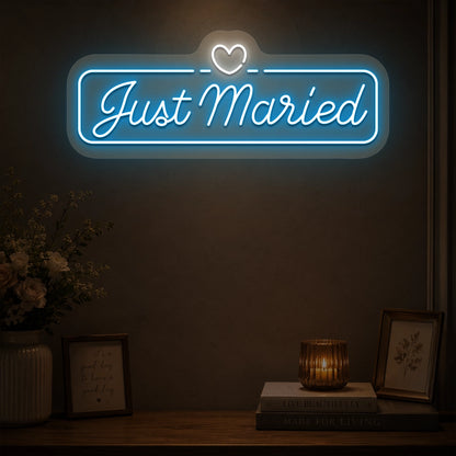 Just Married Heartbound Wedding Neon Sign in Iceblue color
