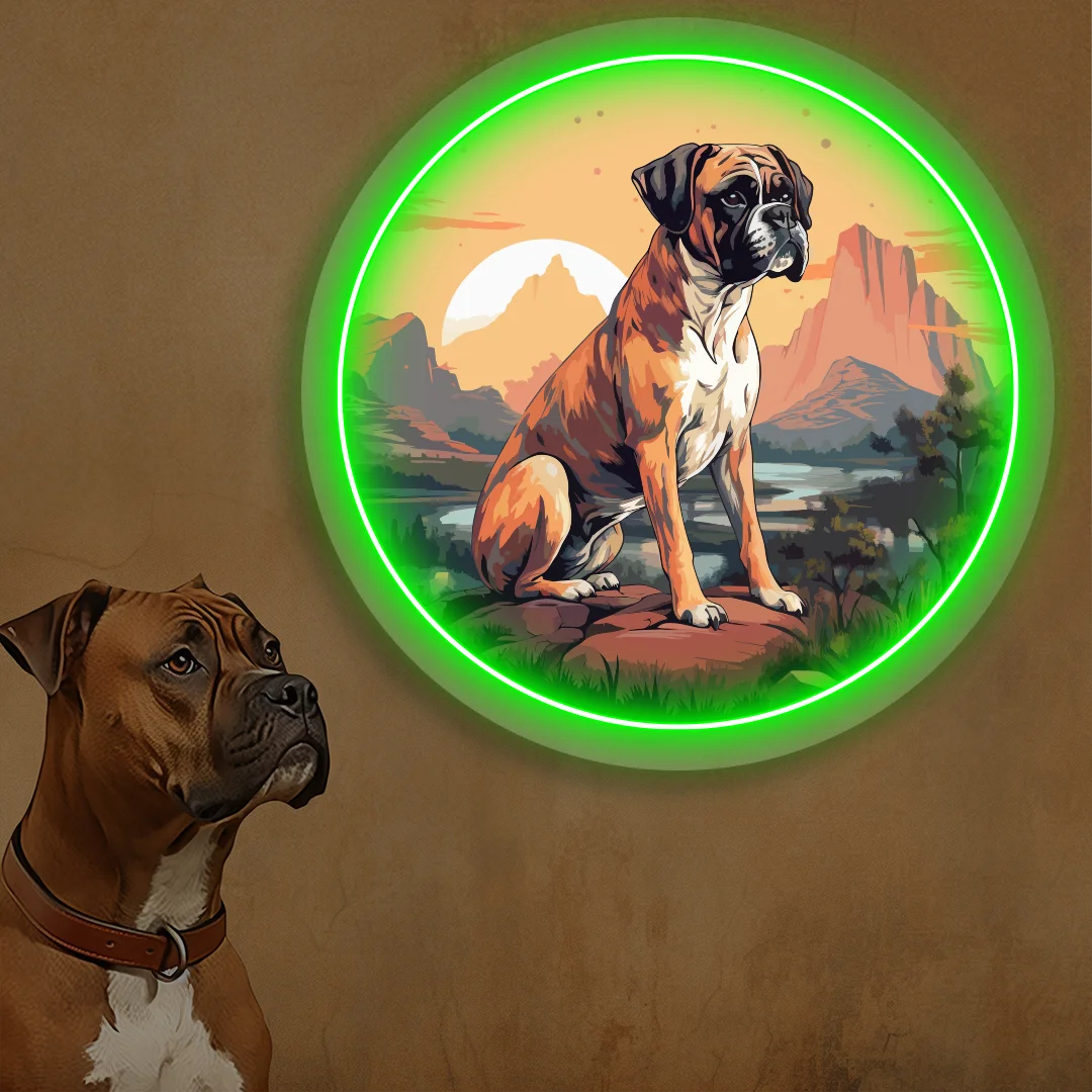 Desert Sunset Boxer Dog Neon Artwork in Green color