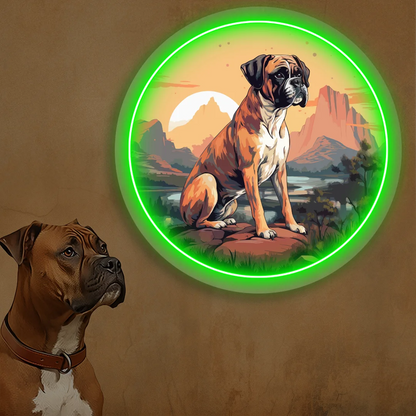 Desert Sunset Boxer Dog Neon Artwork in Green color
