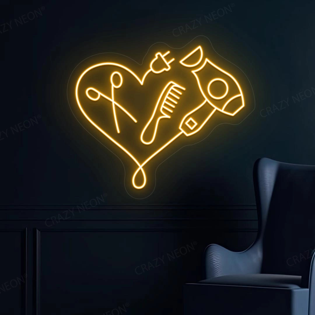 Hair Dryer Combs Clippers Heart Neon Sign | Orange 