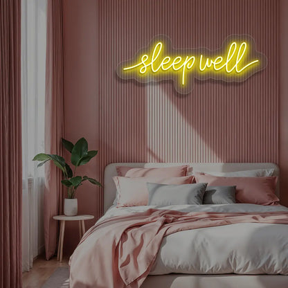 yellow sleepwell neon sign mounted on a wall