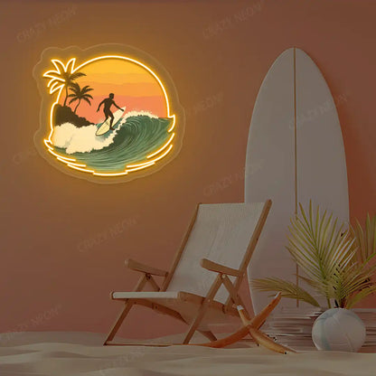 orange surfer wave palm tree neon artwork mounted on a wall