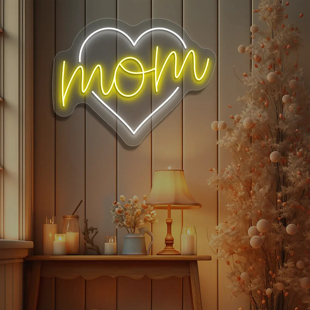 Mom Heart Neon Sign in Yellow color