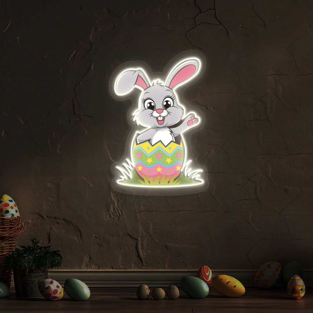 Easter Bunny in Egg Neon Artwork  in white color