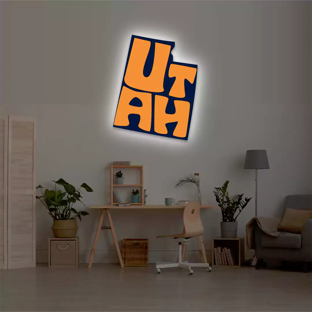 Utah map backlit metal wall art vinyl print with warm white LED glow