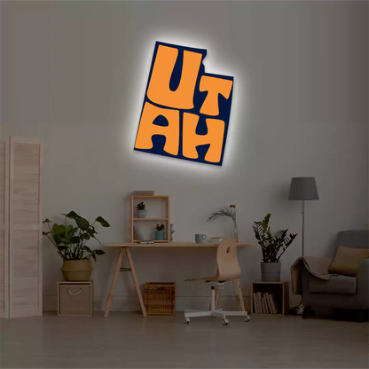 Utah map backlit metal wall art vinyl print with warm white LED glow