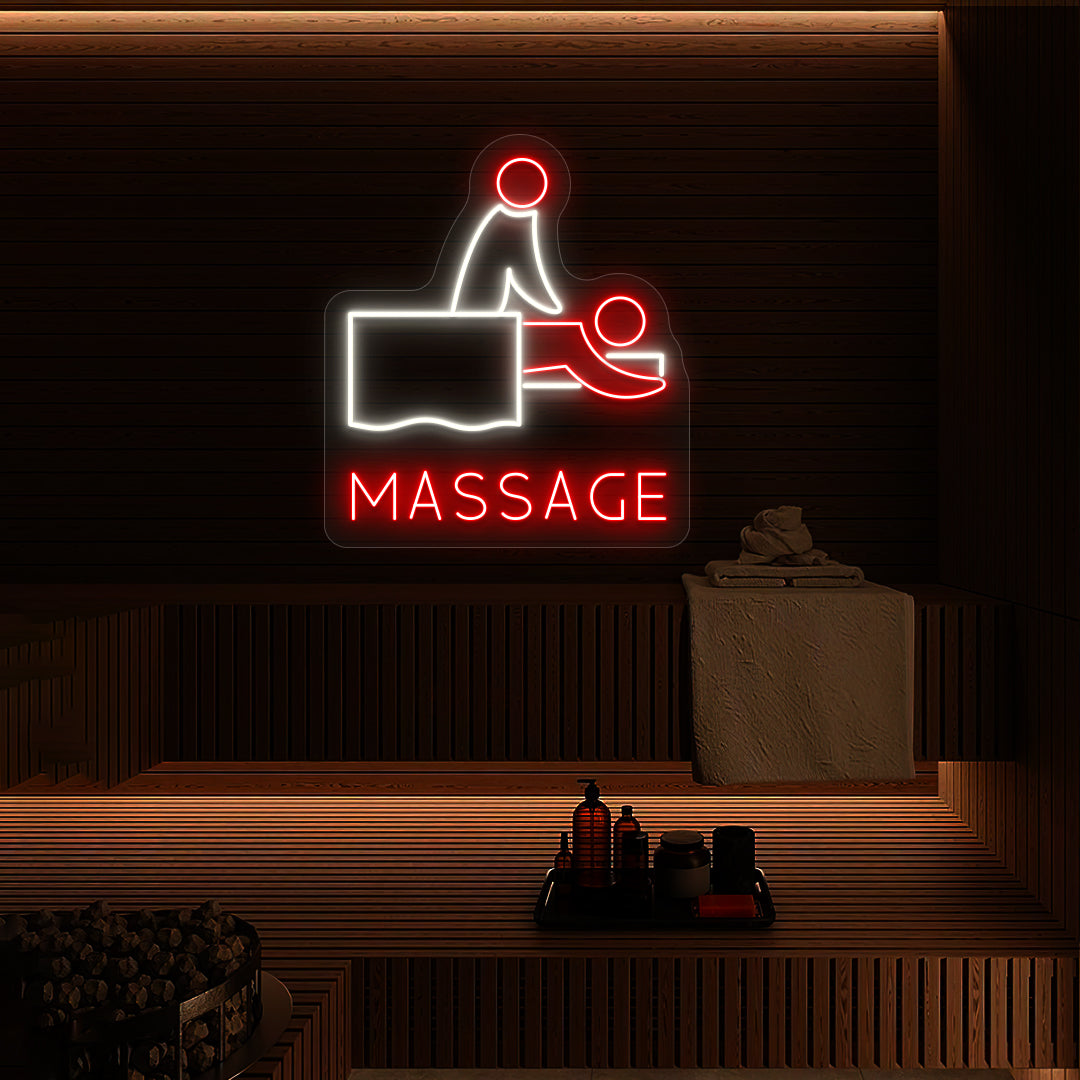 Tranquil Touch Massage neon sign glowing in white and red colors mounted on a wooden spa wall