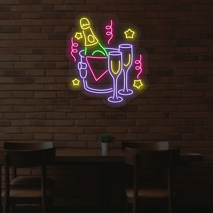purple and multi color wine in ice bucket neon sign mounted on a wall