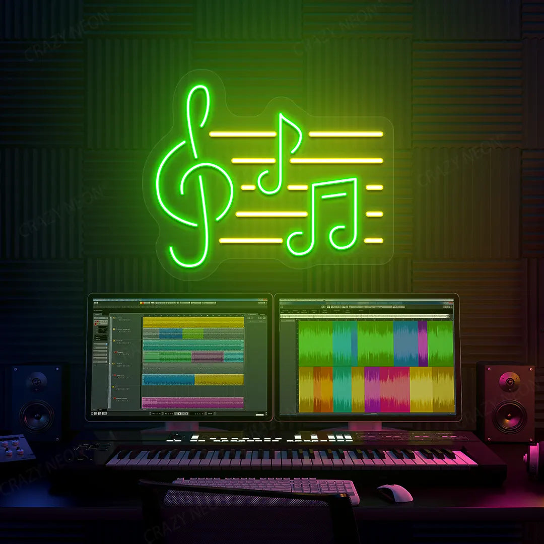 Music Notes Neon Sign In Green and Yellow Colour mounted on Wall