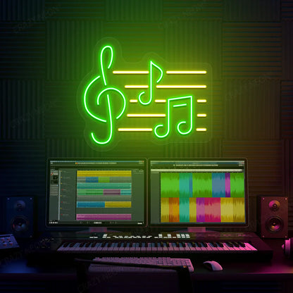 Music Notes Neon Sign In Green and Yellow Colour mounted on Wall