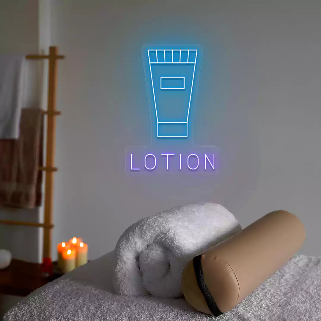 Lotion Tube neon sign in ice blue and purple colors glowing in a spa room