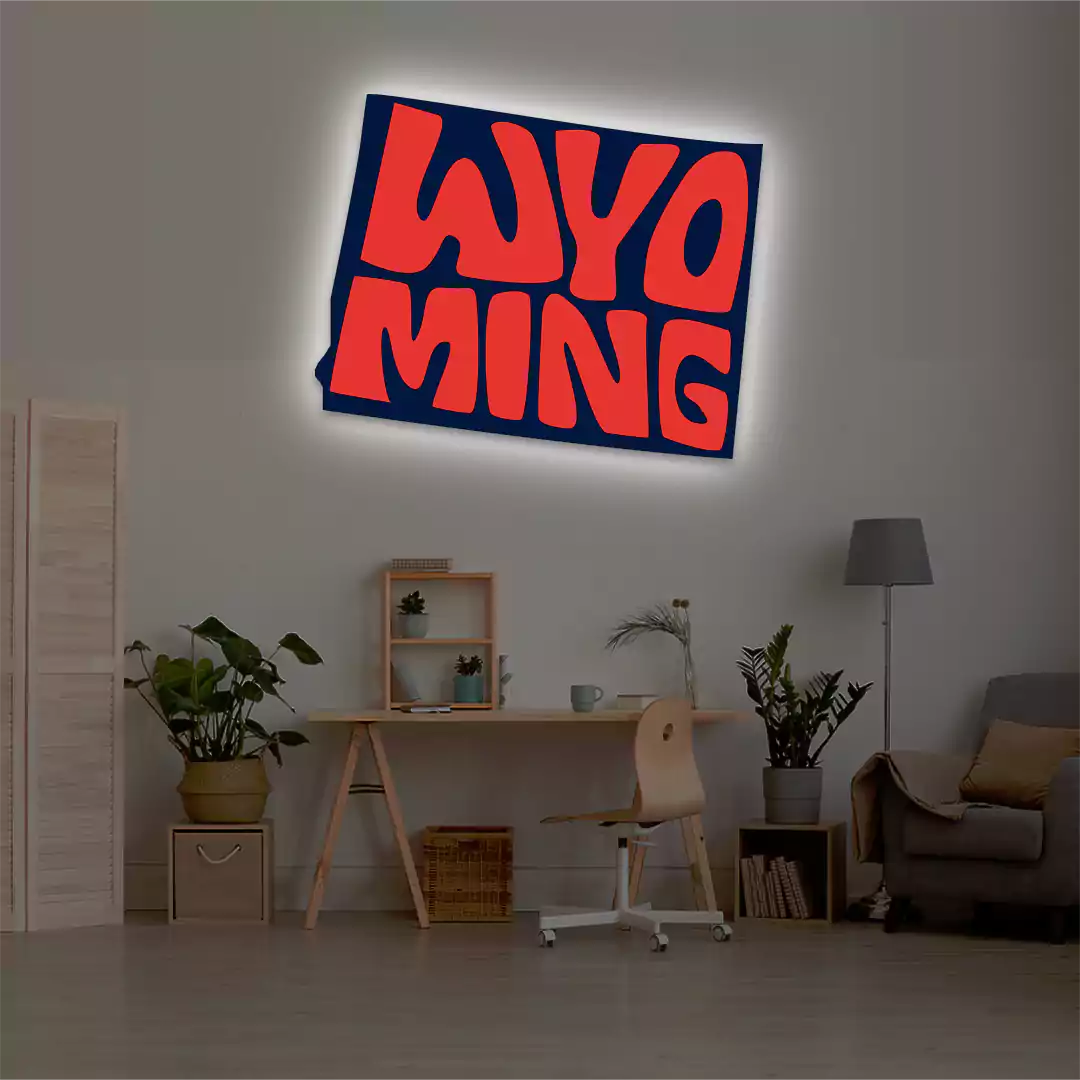 Wyoming map backlit metal wall art vinyl print with warm white LED glow