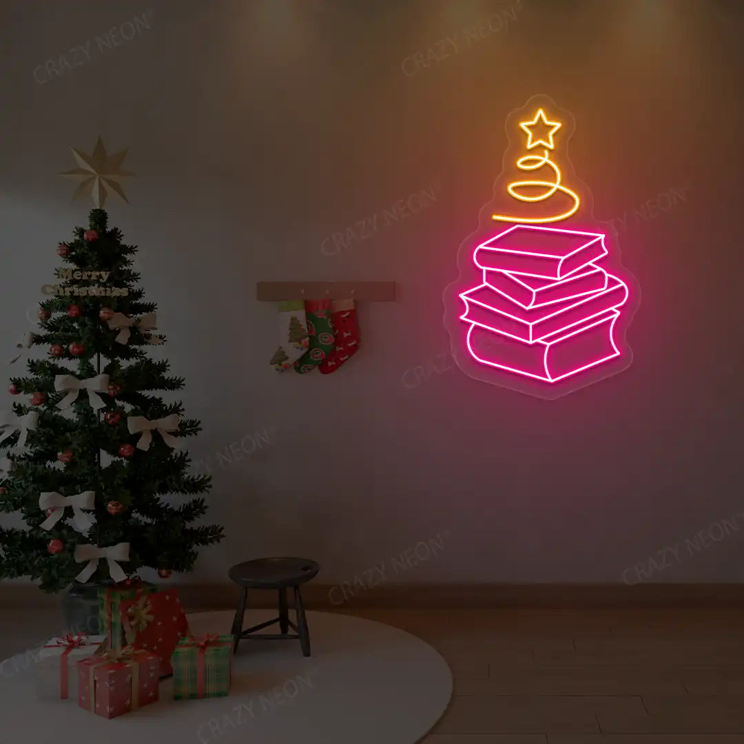 Stacked Books Christmas Tree Neon Sign | Orange