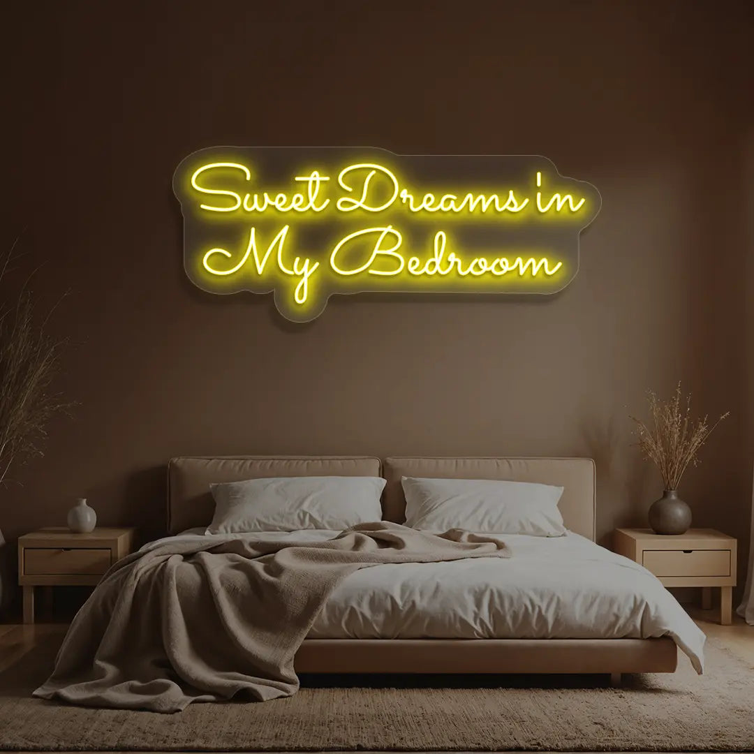 yellow sweet dreams in my bedroom neon sign mounted on a wall