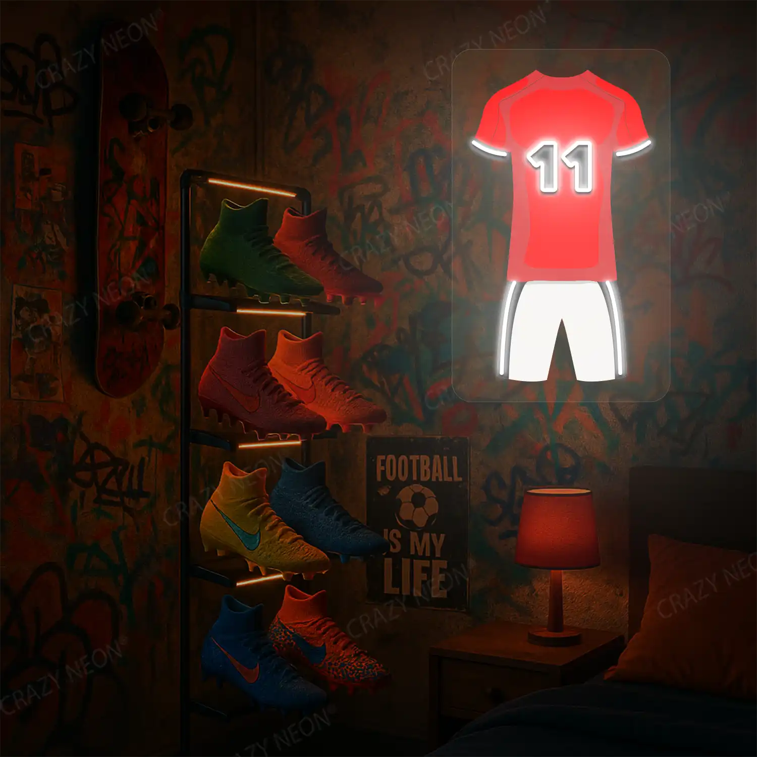 Red football jersey neon artwork with number 11 glowing on a graffiti-covered wall