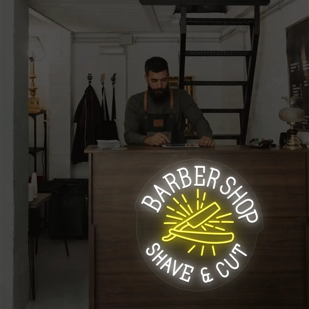 Barber Shop Shave & Cut Neon Sign in White and Yellow Colour mounted on wall