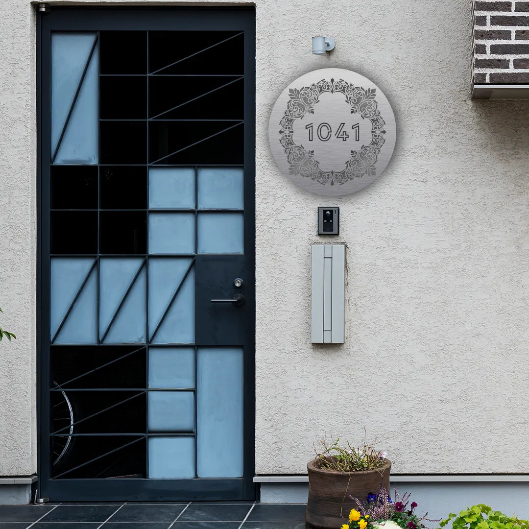 Round Floral House Number Plate  Metal Monogram in Silver Colour