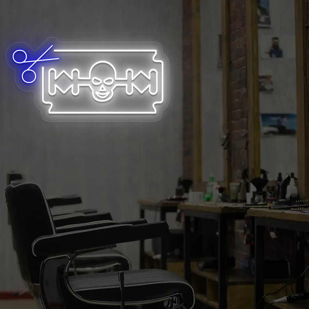 Skull Razor Blade Barber Neon Sign in Blue colour 