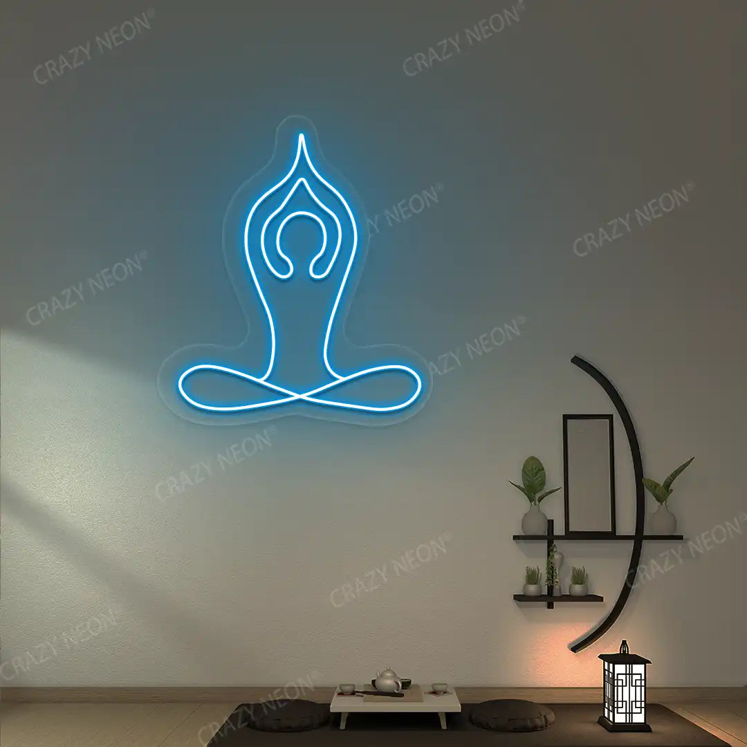 Padmasana With Raised Arms Yoga Neon Sign lighting up in iceblue color in a yoga room