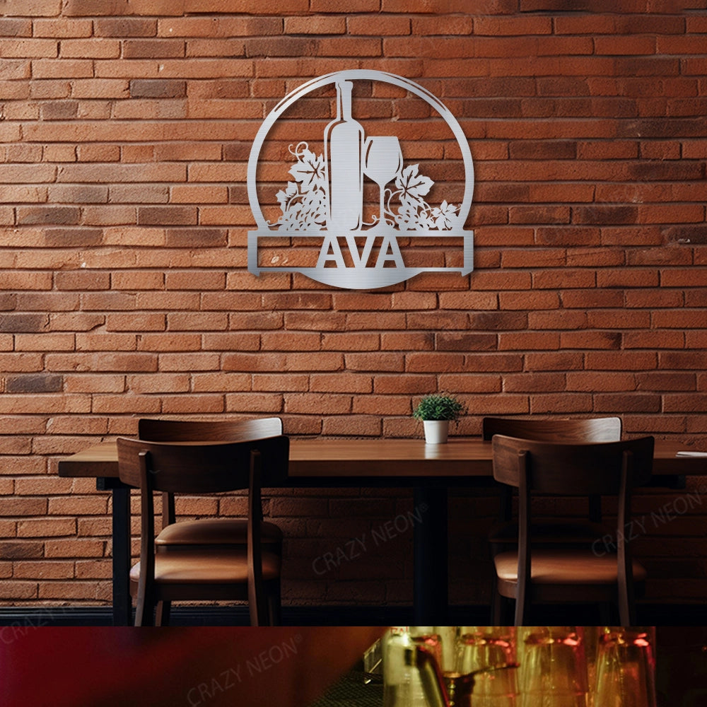 Wine Bottle & Glass Name Metal Monogram in Silver Colour