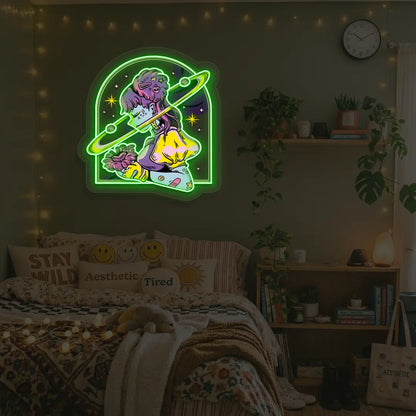 Galactic Girl Neon Artwork in green color