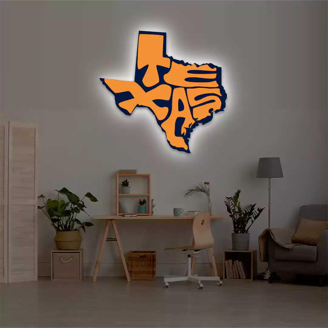 Texas map backlit metal wall art vinyl print with warm white LED glow