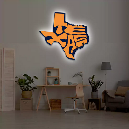 Texas map backlit metal wall art vinyl print with warm white LED glow