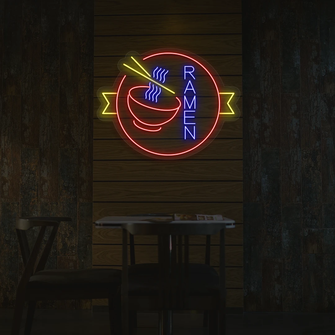 blue red and yellow classic ramen neon sign mounted on a wall
