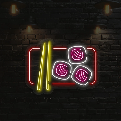 red yellow pink and white sushi glow neon sign mounted on a wall