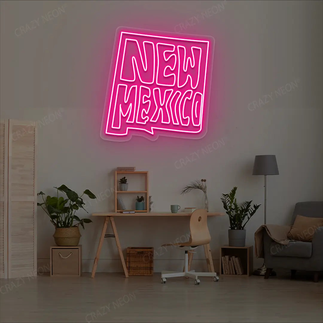 NEW MEXICO Map Neon Sign lighting up in pink color in a room