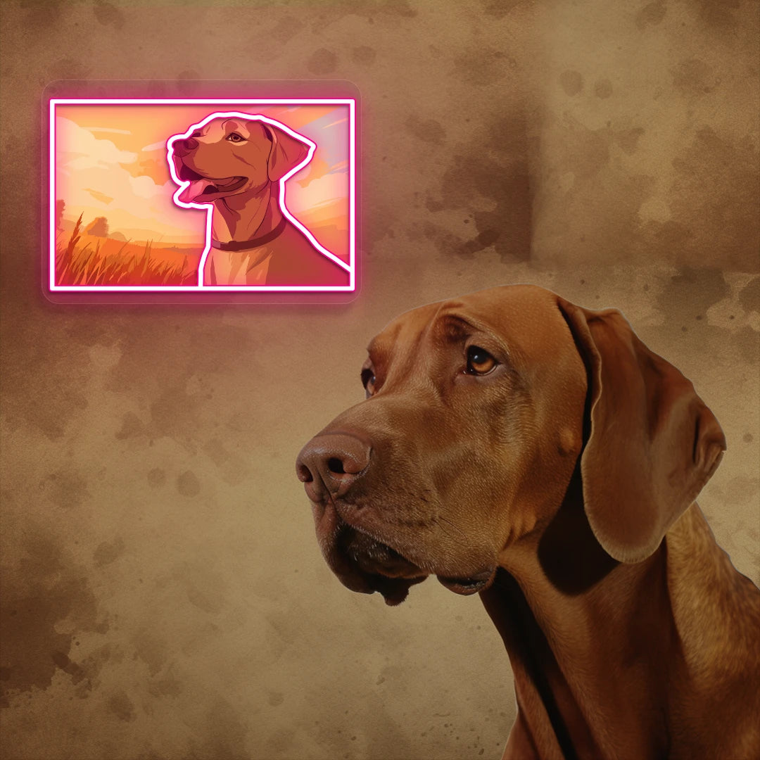 Sunset Field Vizsla Dog Neon Artwork in pink color