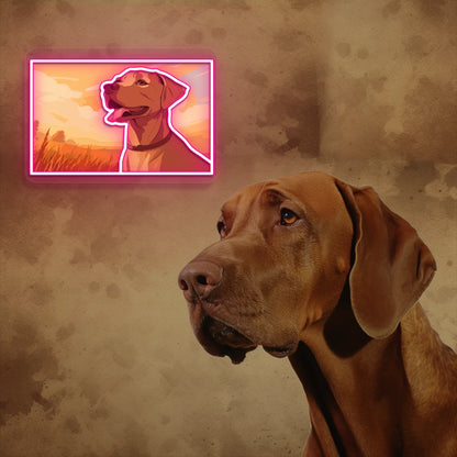 Sunset Field Vizsla Dog Neon Artwork in pink color