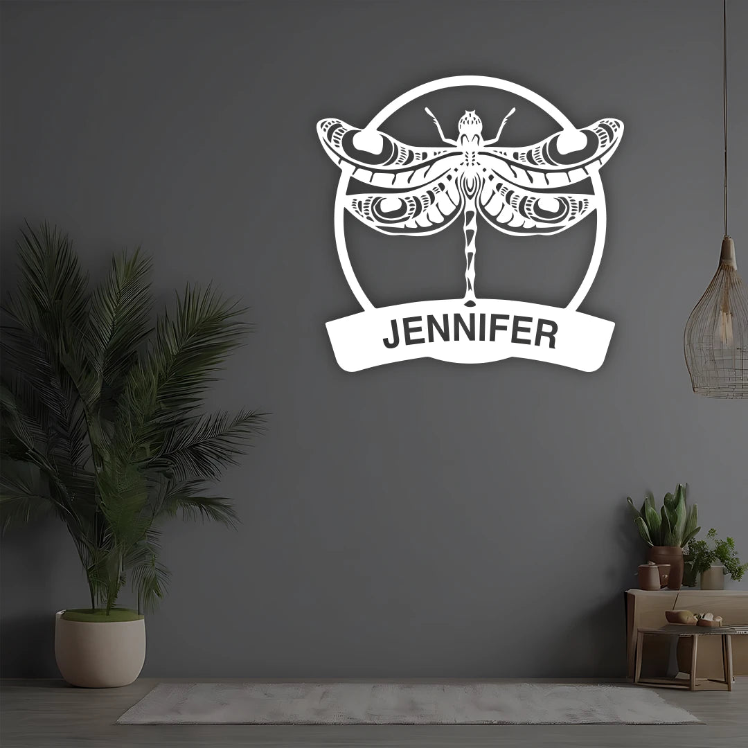 Dragonfly Custom Name Metal Monogram in white color