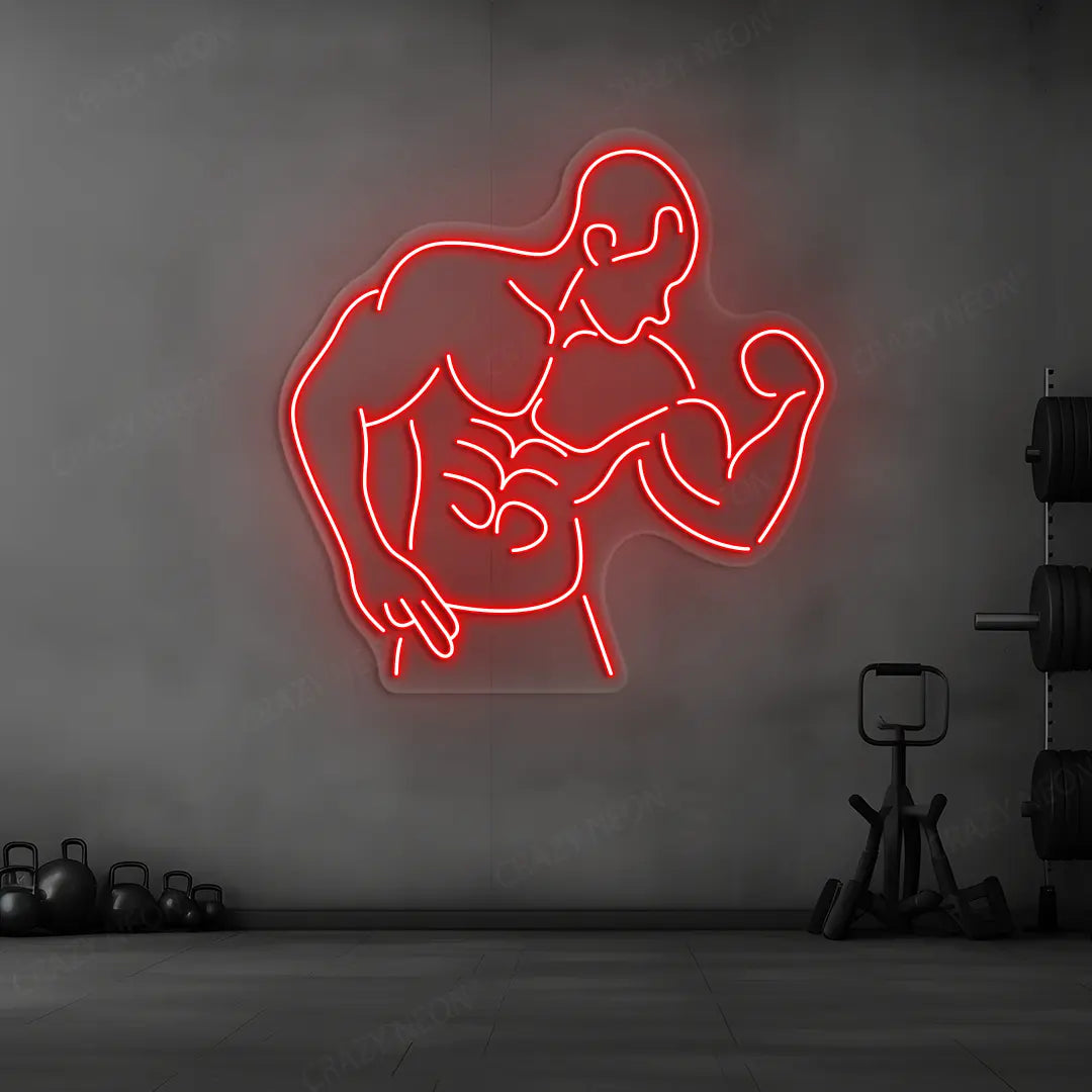 red muscle man flex neon sign mounted on a wall