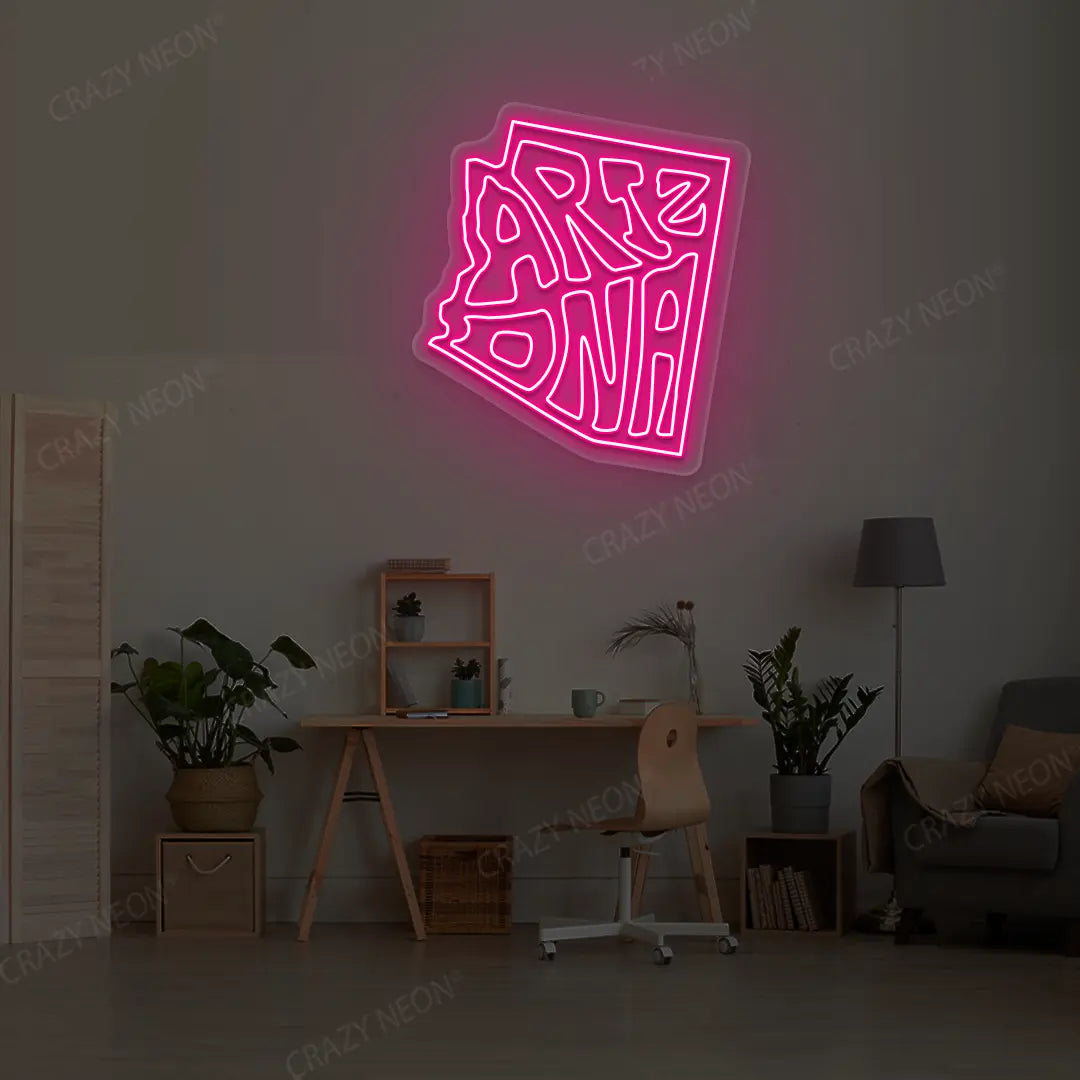 ARIZONA Map Neon Sign lighting up in pink color in a room