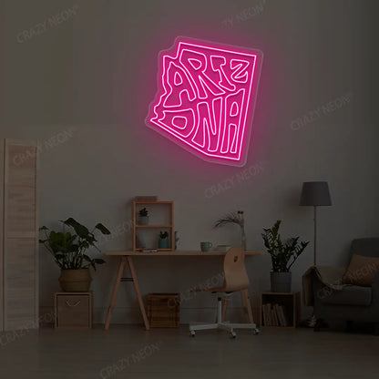 ARIZONA Map Neon Sign lighting up in pink color in a room