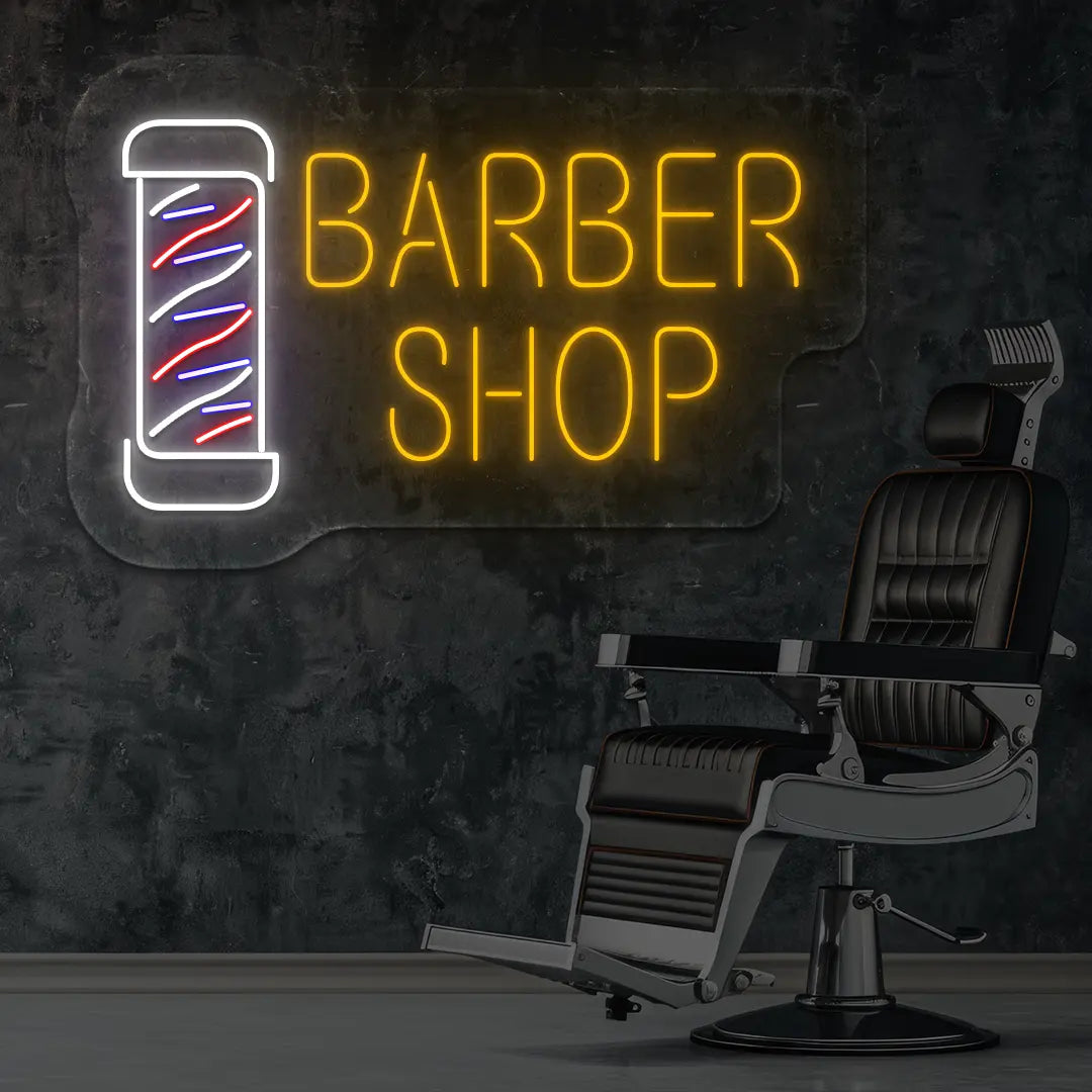 Barber Shop LED Neon Sign in Orange Colour mounted on wall 