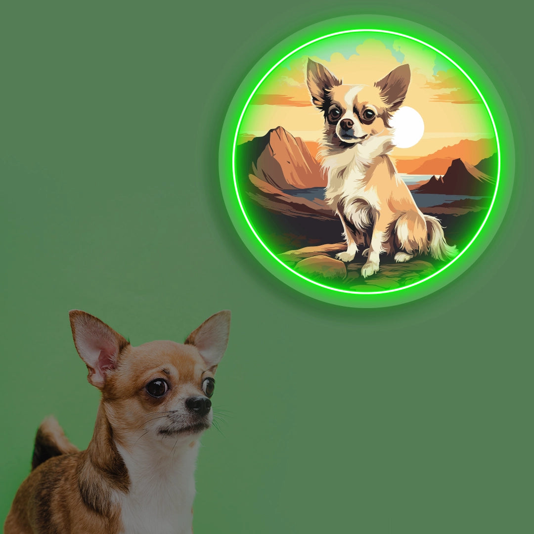 Sunset Canyon Long Coat Chihuahua Neon Artwork in Green color